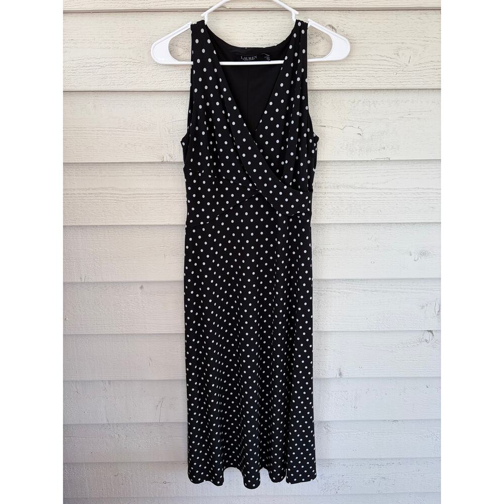 Lauren Ralph Lauren Black Polka Dot Dress | Sleeveless Wrap Style Midi Size 4 - Picture 2 of 8